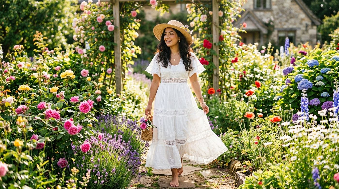 young Latina woman, 20-24 years old, warm olive skin, dark wavy hair, wearing a flowy white maxi dress with lace details