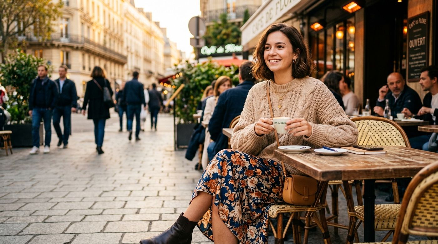 young French Parisian woman, 20-24 years old, light skin, effortless chic look, wearing an oversized beige cable-knit sw