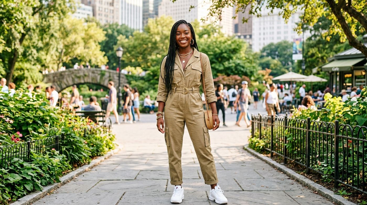 young Black woman, 20-24 years old, natural hair or braids, radiant dark skin, wearing a khaki cargo jumpsuit with a bel