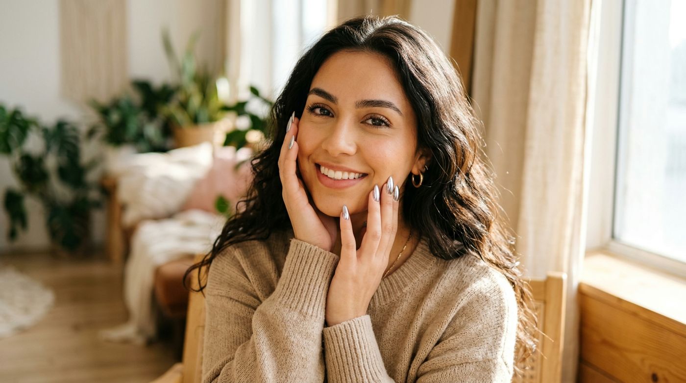 young Latina woman, 20-24 years old, warm olive skin, dark wavy hair, posing with her hands near her face, wearing a sim