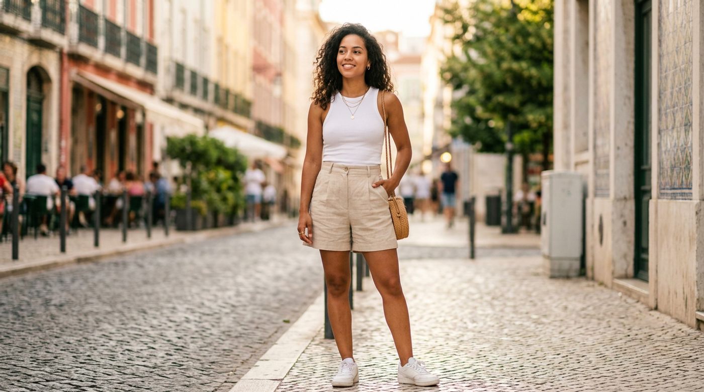 young mixed-race woman, 20-24 years old, light brown skin, curly or wavy hair, wearing a high-waisted beige linen boxy s