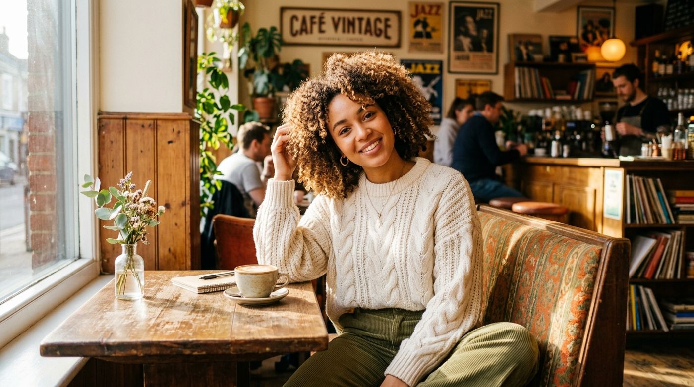 young mixed-race woman, 20-24 years old, light brown skin, curly or wavy hair, wearing an oversized cable-knit sweater i