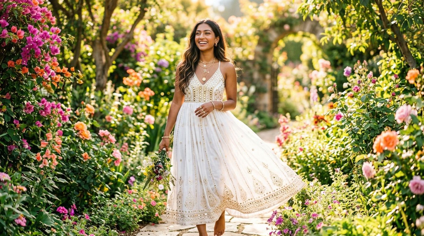 young South Asian woman, 20-24 years old, Indian or Pakistani features, warm brown skin, wearing a flowing white maxi dr