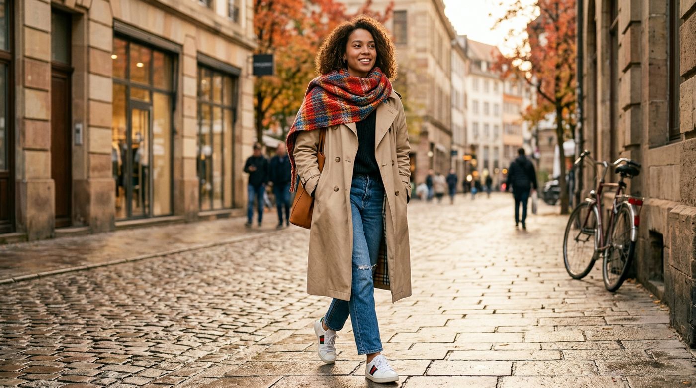 young mixed-race woman, 20-24 years old, light brown skin, curly or wavy hair, portant un foulard surdimensionné aux mot