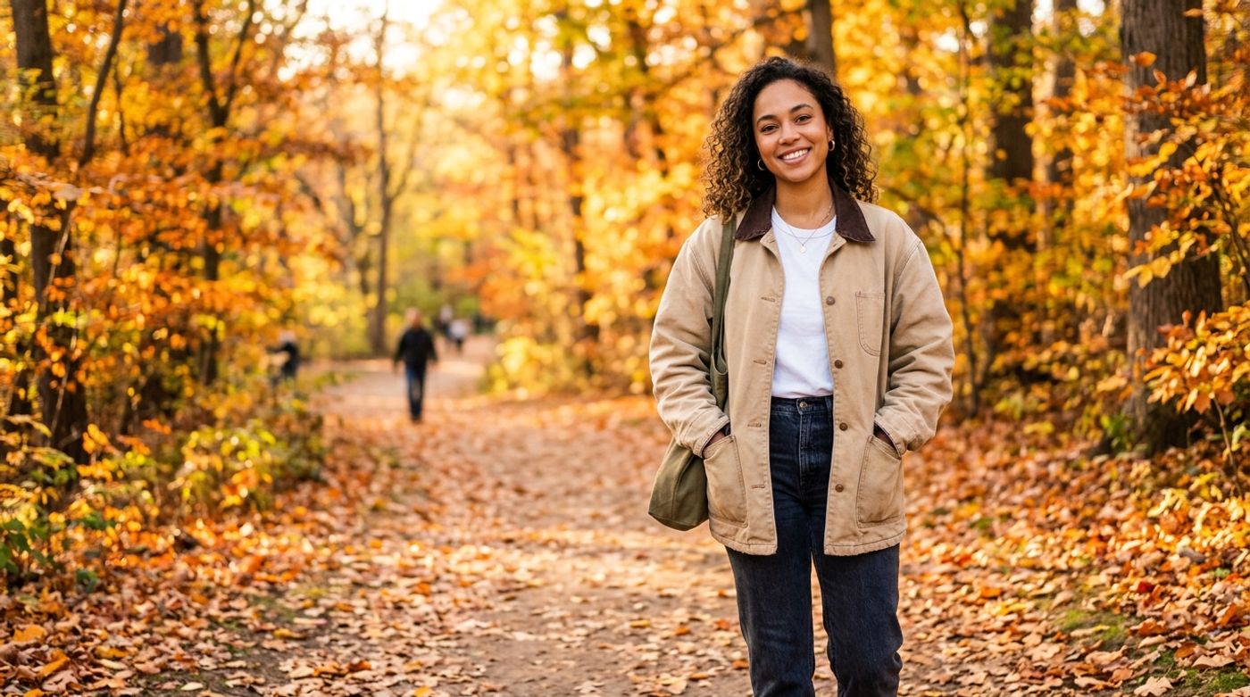 young mixed-race woman, 20-24 years old, light brown skin, curly or wavy hair, wearing an oversized beige barn jacket wi