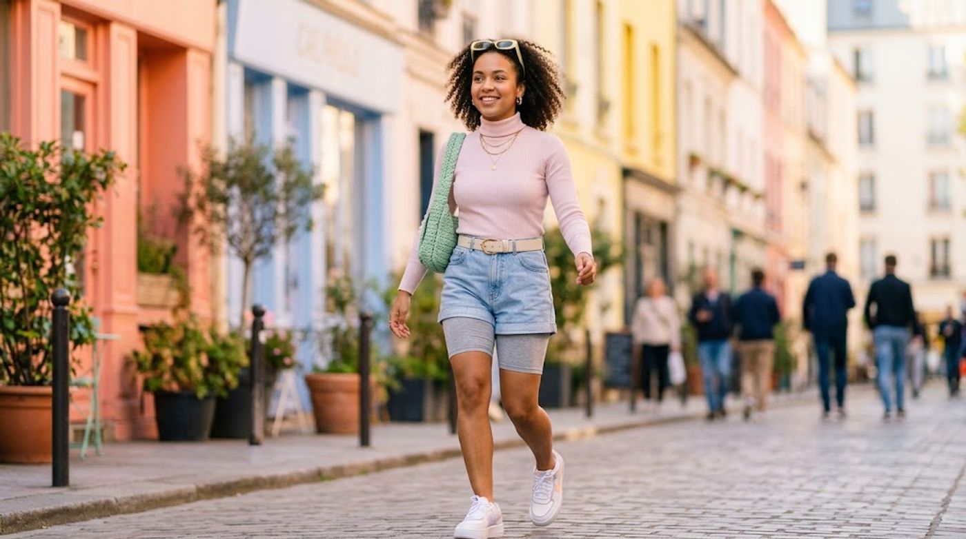 young mixed-race woman, 20-24 years old, light brown skin, curly or wavy hair, portant un short en jean structuré par-de
