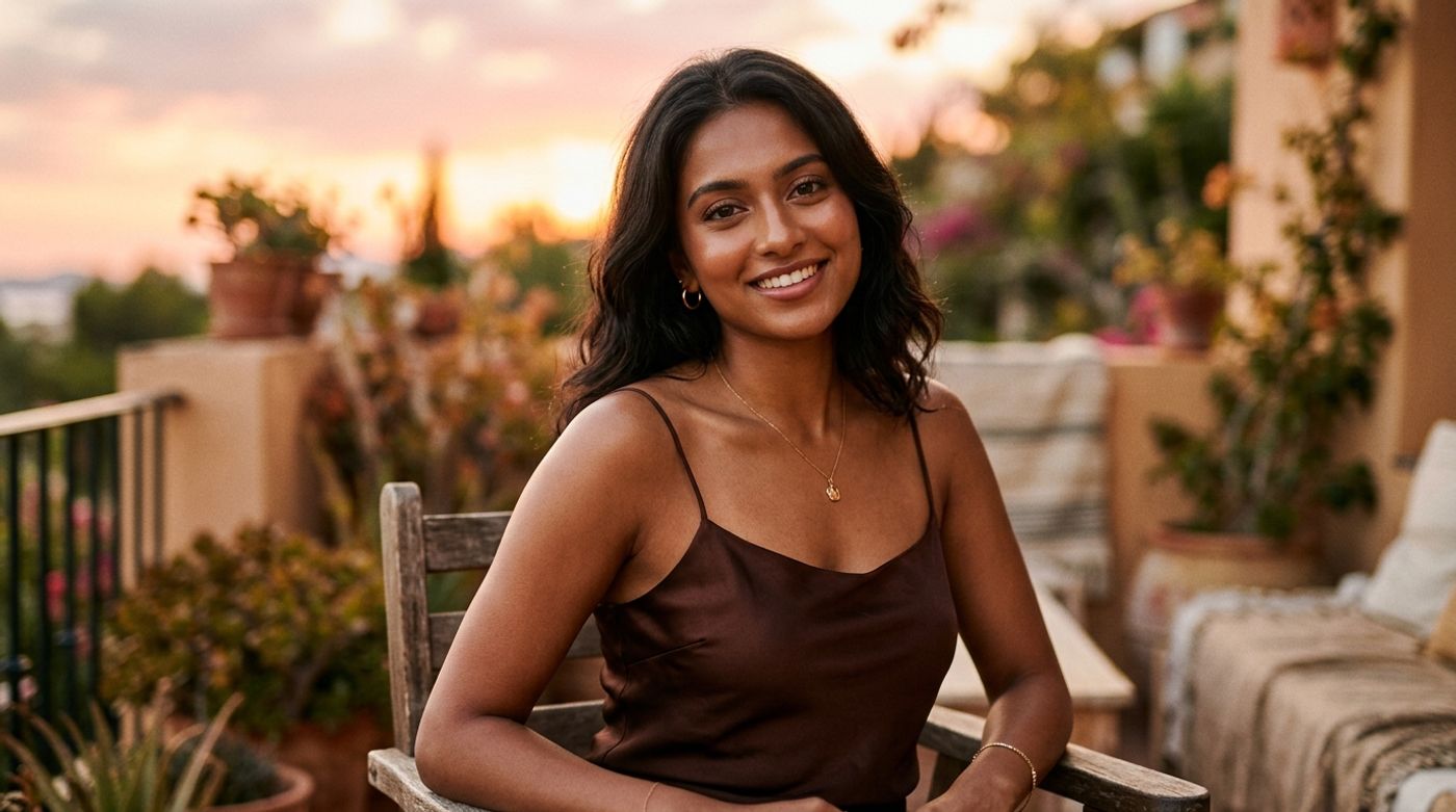 young South Asian woman, 20-24 years old, Indian or Pakistani features, warm brown skin, glowing skin, wearing a rich ch