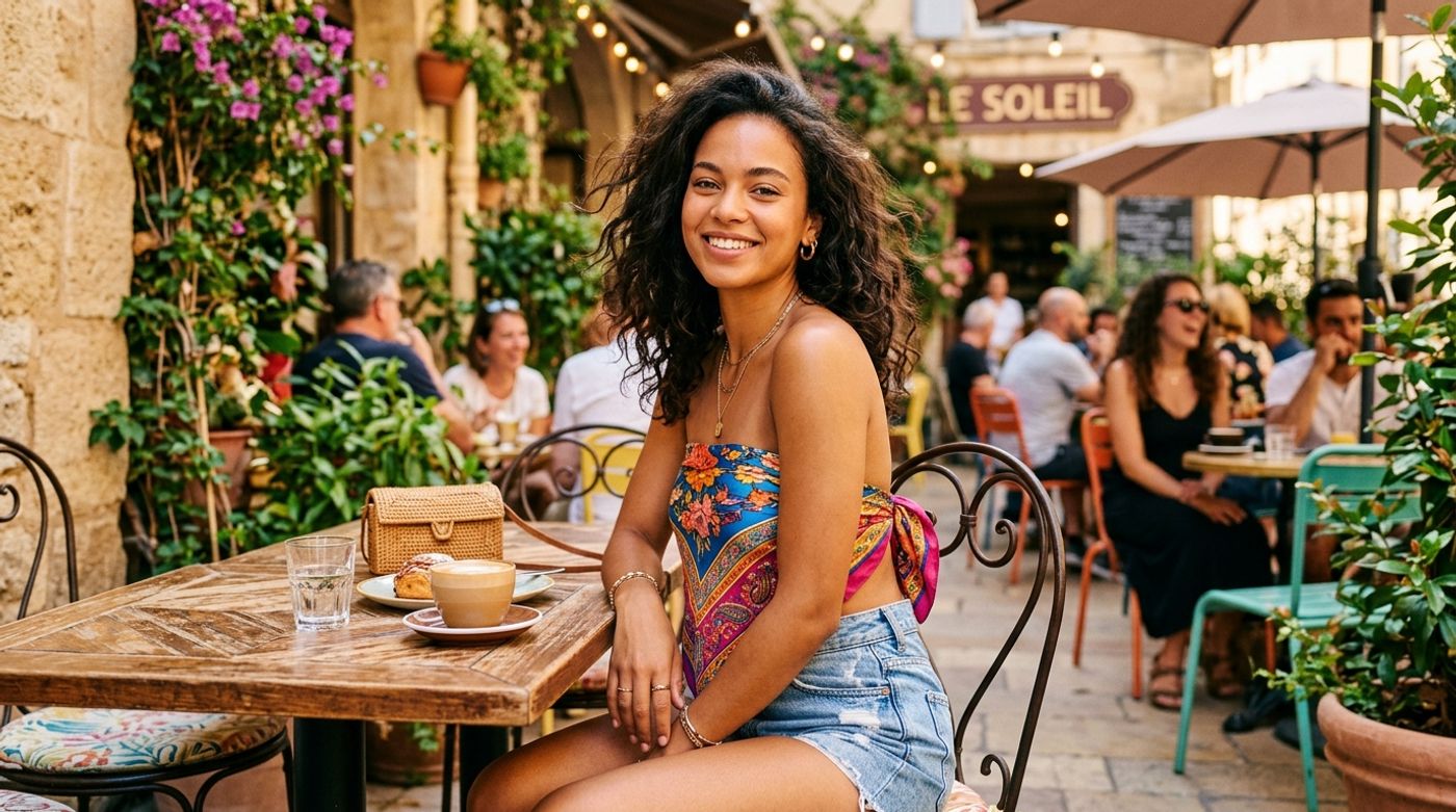 young mixed-race woman, 20-24 years old, light brown skin, curly or wavy hair, portant un haut réalisé à partir d'un fou