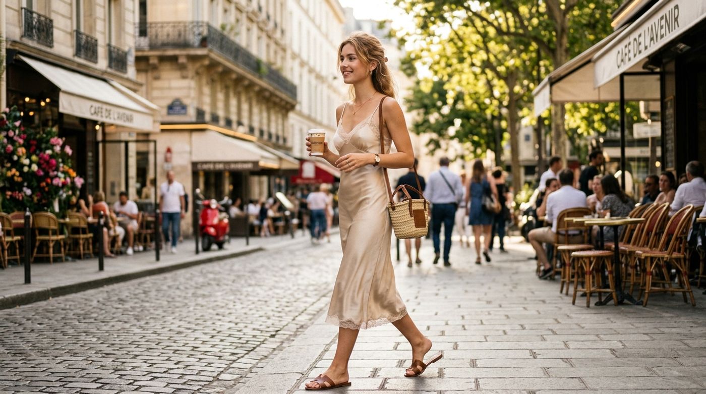 young French Parisian woman, 20-24 years old, light skin, effortless chic look, portant une robe nuisette en satin champ