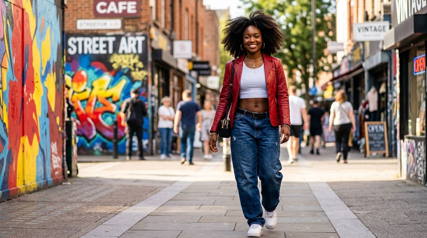 young Black woman, 20-24 years old, natural hair or braids, radiant dark skin, wearing a sleek cherry red leather jacket