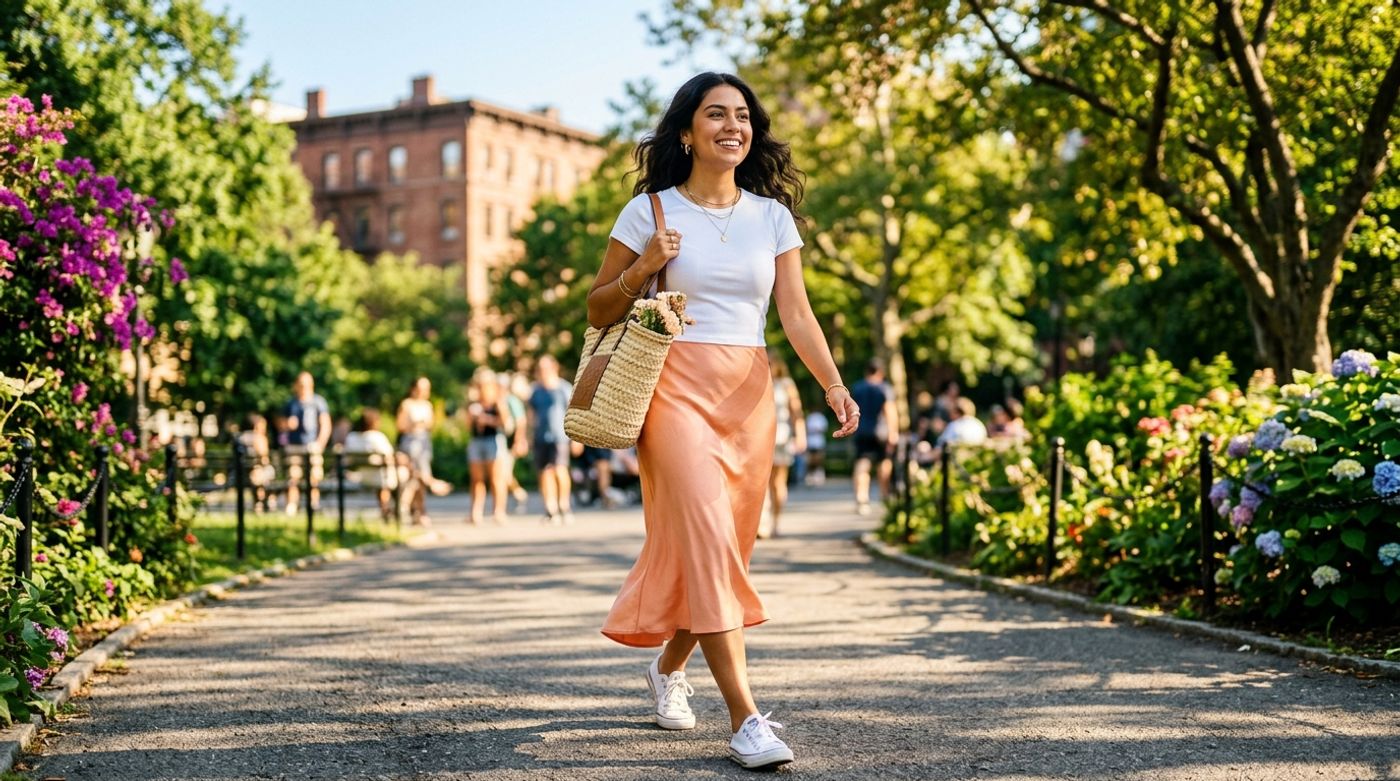 young Latina woman, 20-24 years old, warm olive skin, dark wavy hair, wearing a breezy peach-colored satin midi skirt an