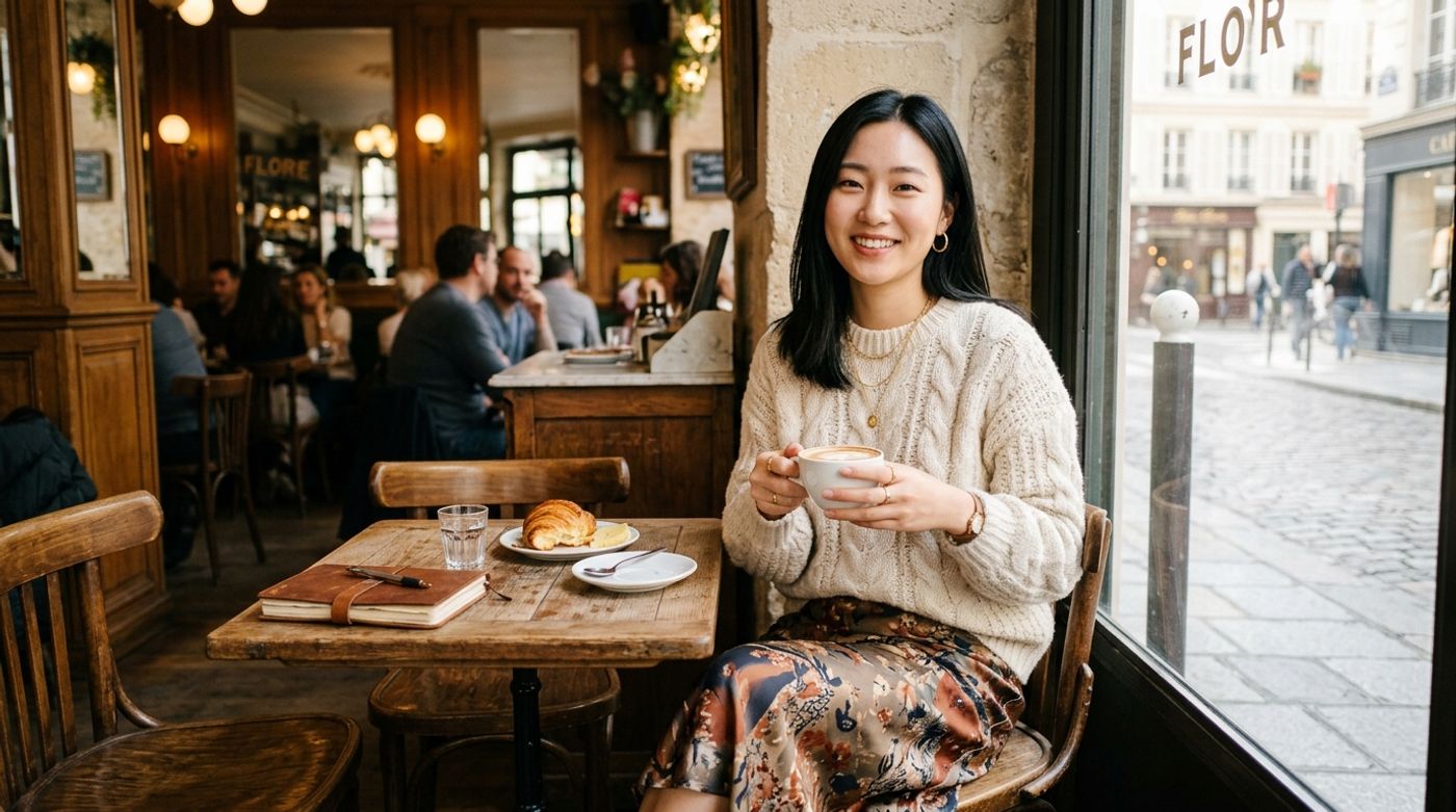 young East Asian woman, 20-24 years old, straight black hair, Korean or Japanese features, wearing a chunky cream-colore