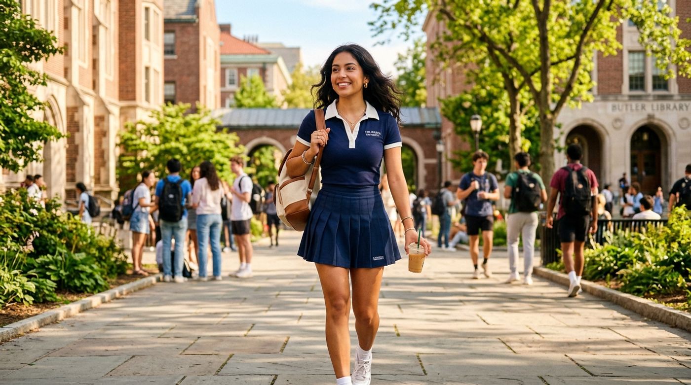 young Latina woman, 20-24 years old, warm olive skin, dark wavy hair, wearing a fitted navy blue polo shirt with white c