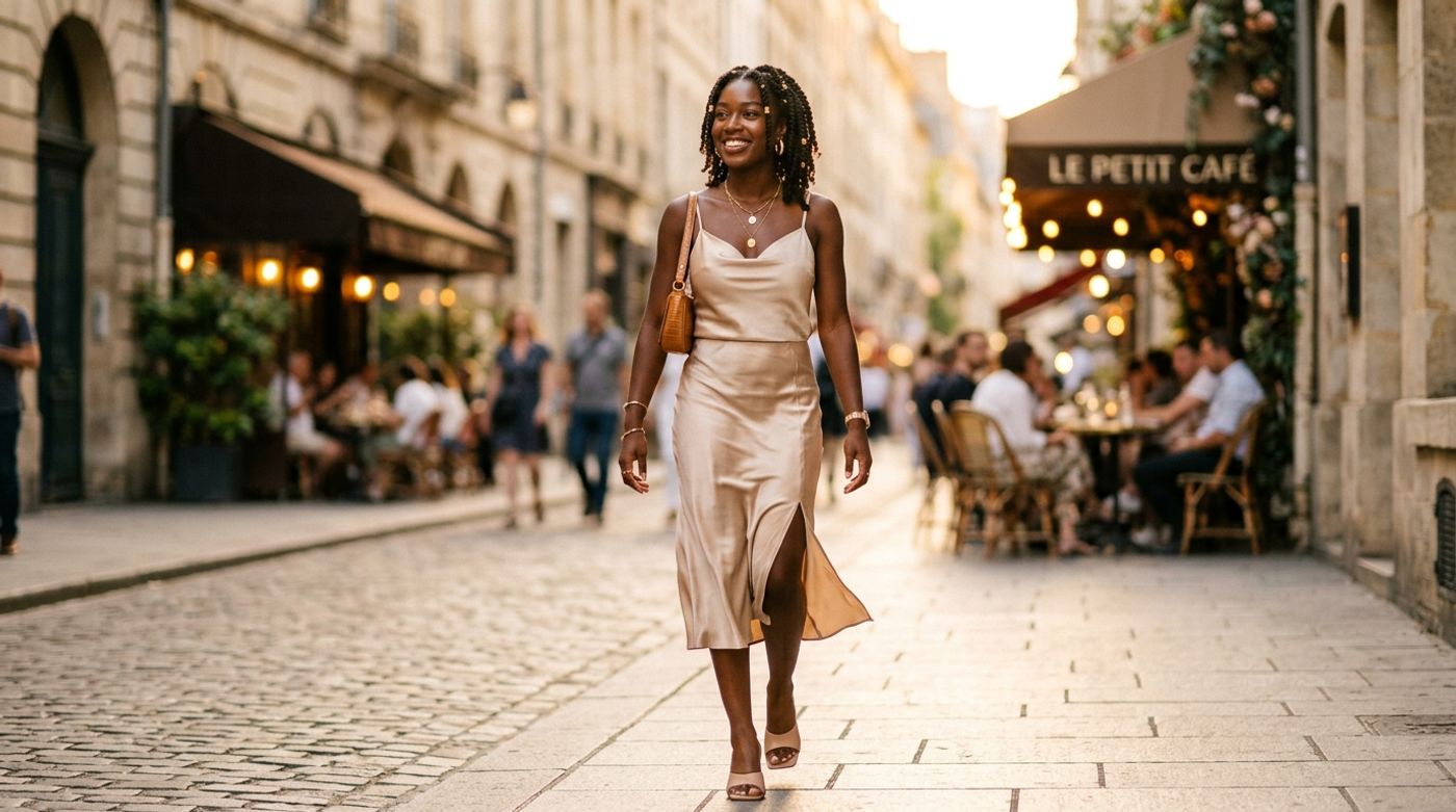 young Black woman, 20-24 years old, natural hair or braids, radiant dark skin, wearing a matching champagne satin camiso