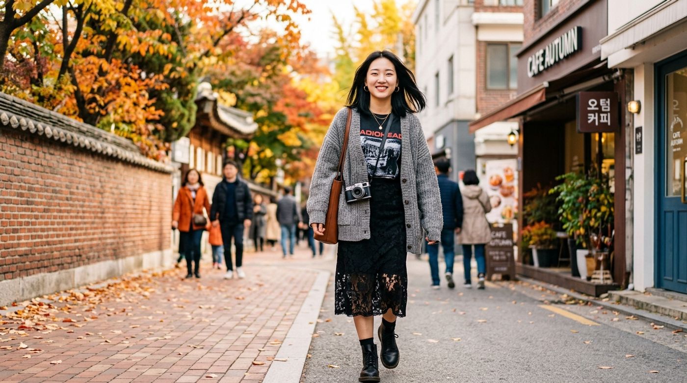 young East Asian woman, 20-24 years old, straight black hair, Korean or Japanese features, portant un cardigan en maille