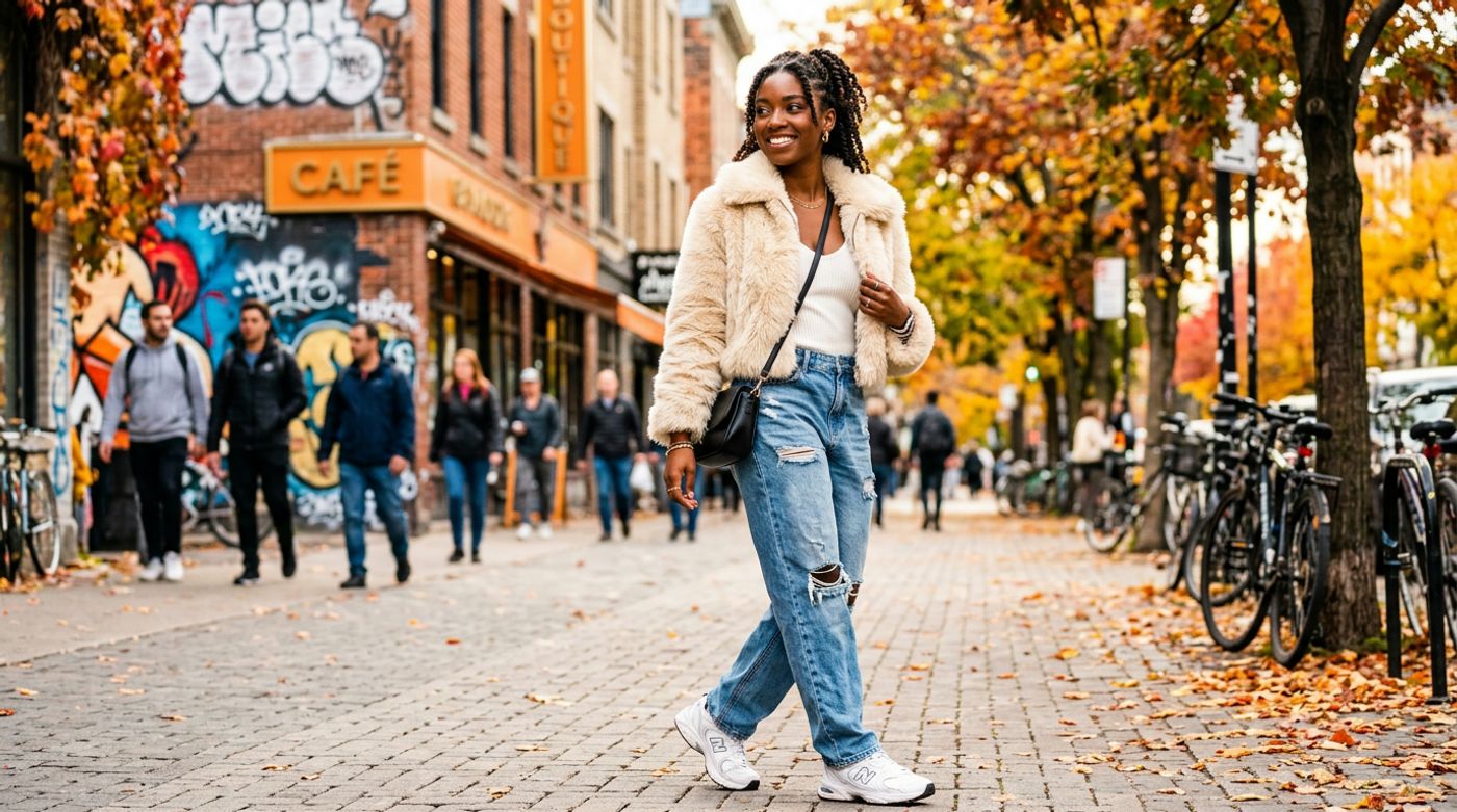 young Black woman, 20-24 years old, natural hair or braids, radiant dark skin, wearing a fluffy cropped cream faux fur c