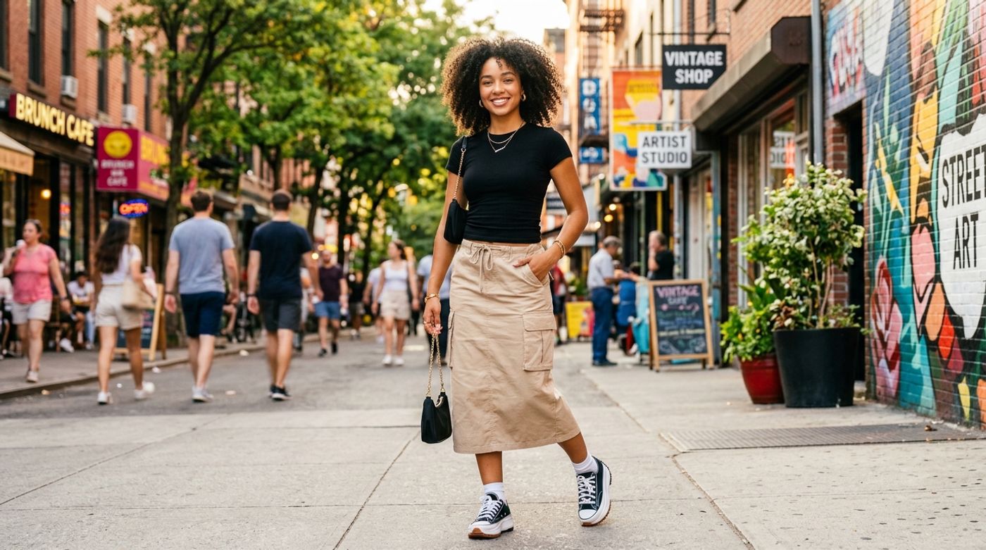 young mixed-race woman, 20-24 years old, light brown skin, curly or wavy hair, wearing a beige midi cargo skirt with a t