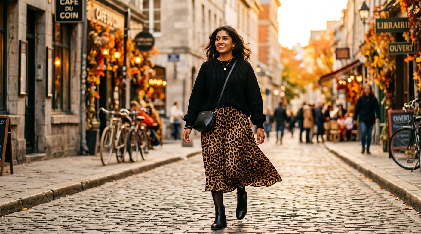 young South Asian woman, 20-24 years old, Indian or Pakistani features, warm brown skin, portant une jupe midi fluide à