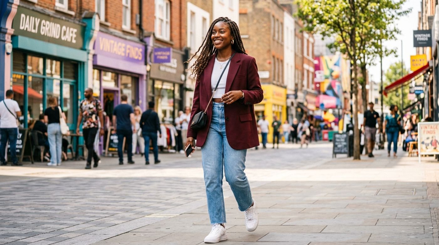 young Black woman, 20-24 years old, natural hair or braids, radiant dark skin, wearing a sleek burgundy oversized blazer