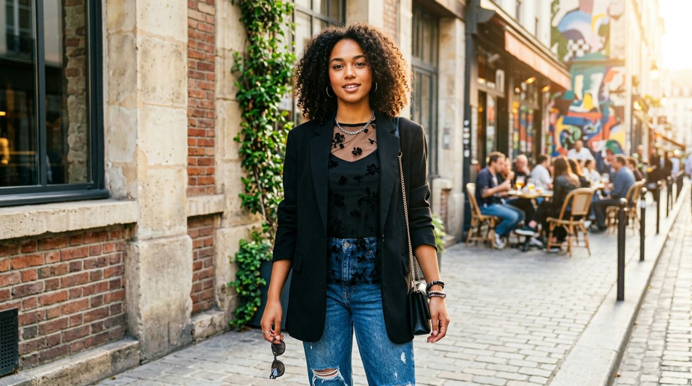 young mixed-race woman, 20-24 years old, light brown skin, curly or wavy hair, portant un haut en tulle transparent à mo