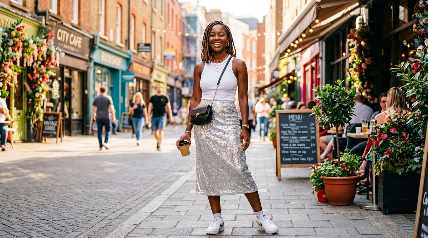young Black woman, 20-24 years old, natural hair or braids, radiant dark skin, wearing a shimmering silver midi skirt pa