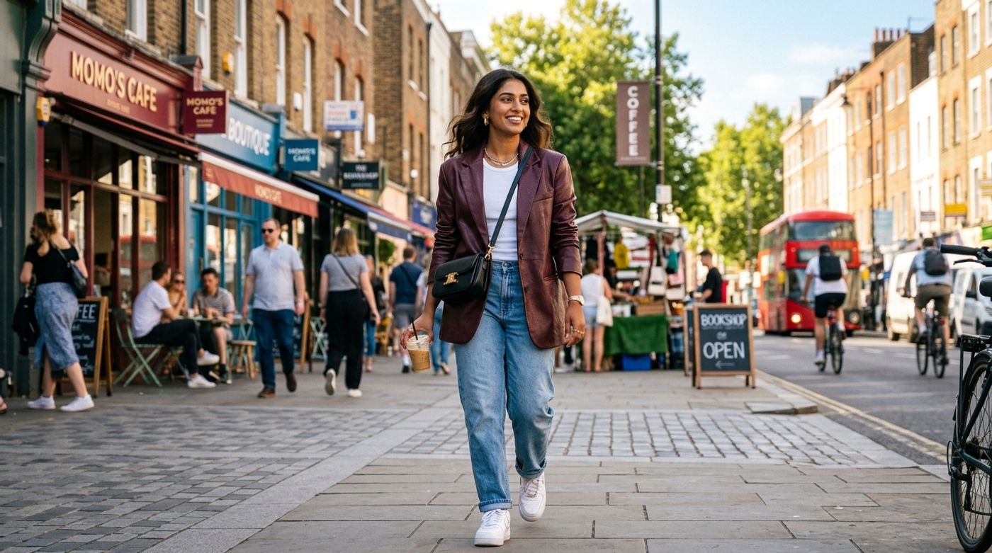 young South Asian woman, 20-24 years old, Indian or Pakistani features, warm brown skin, wearing a dark burgundy cherry