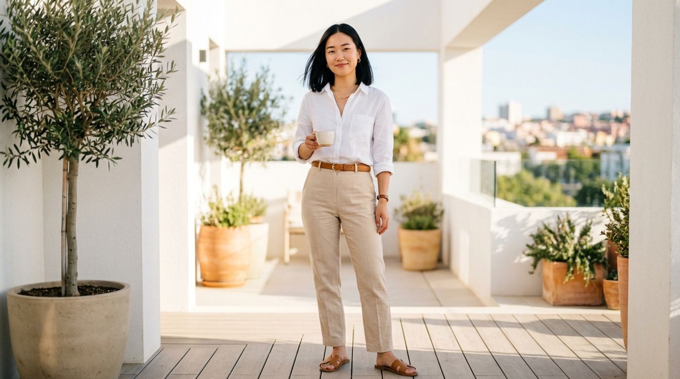 young East Asian woman, 20-24 years old, straight black hair, Korean or Japanese features, wearing a crisp white linen b