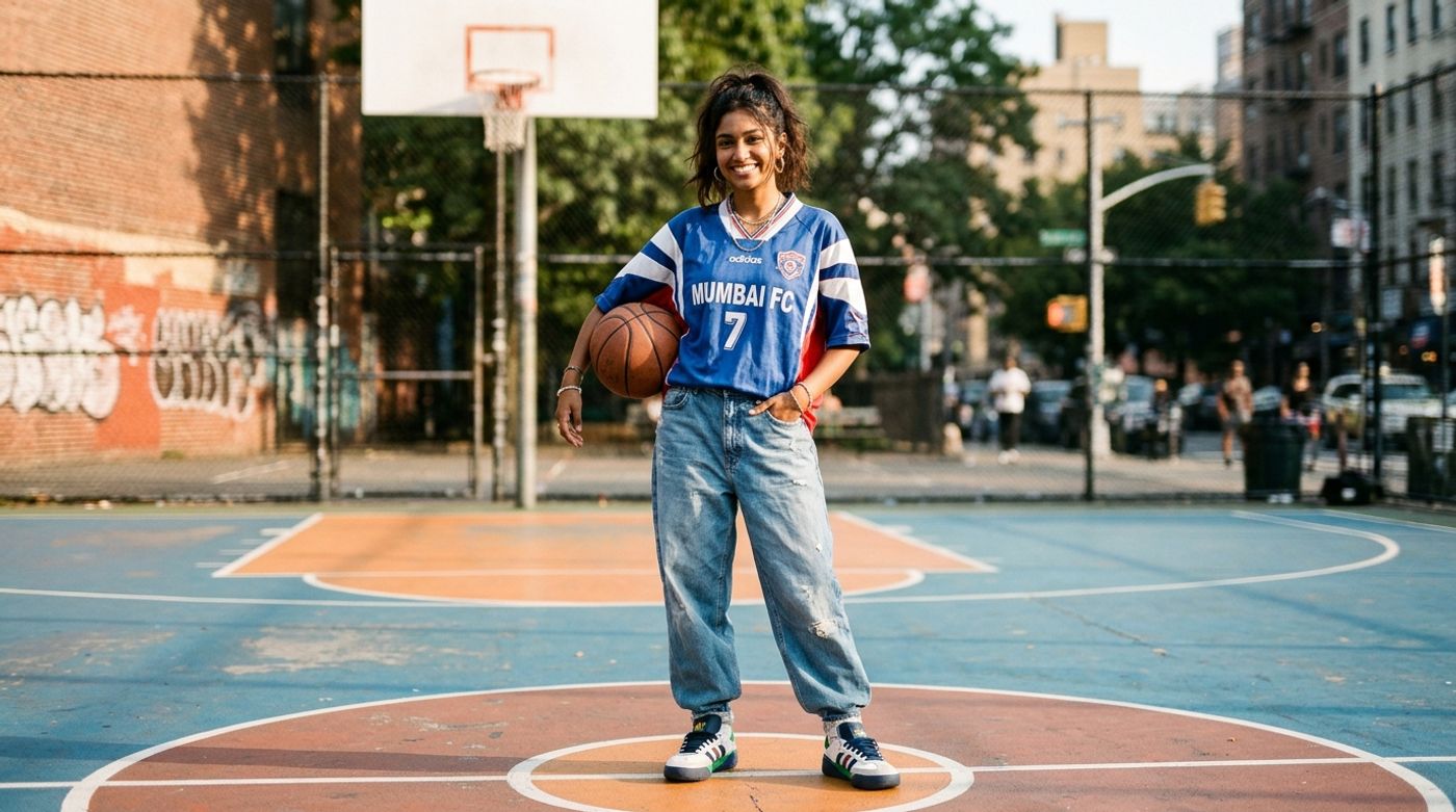 young South Asian woman, 20-24 years old, Indian or Pakistani features, warm brown skin, wearing a vintage oversized soc