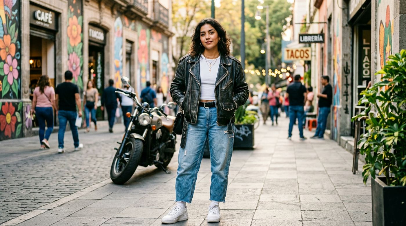 young Latina woman, 20-24 years old, warm olive skin, dark wavy hair, wearing an oversized distressed black leather bike