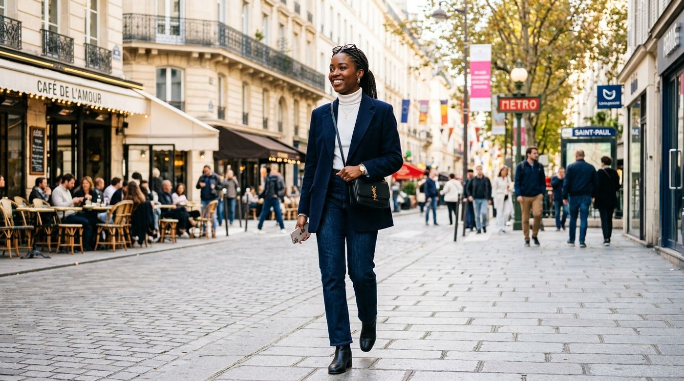 young Black woman, 20-24 years old, natural hair or braids, radiant dark skin, wearing a sleek midnight blue oversized b