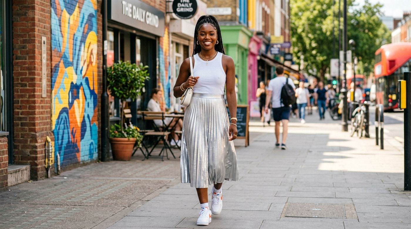 young Black woman, 20-24 years old, natural hair or braids, radiant dark skin, wearing a sleek silver metallic skirt pai