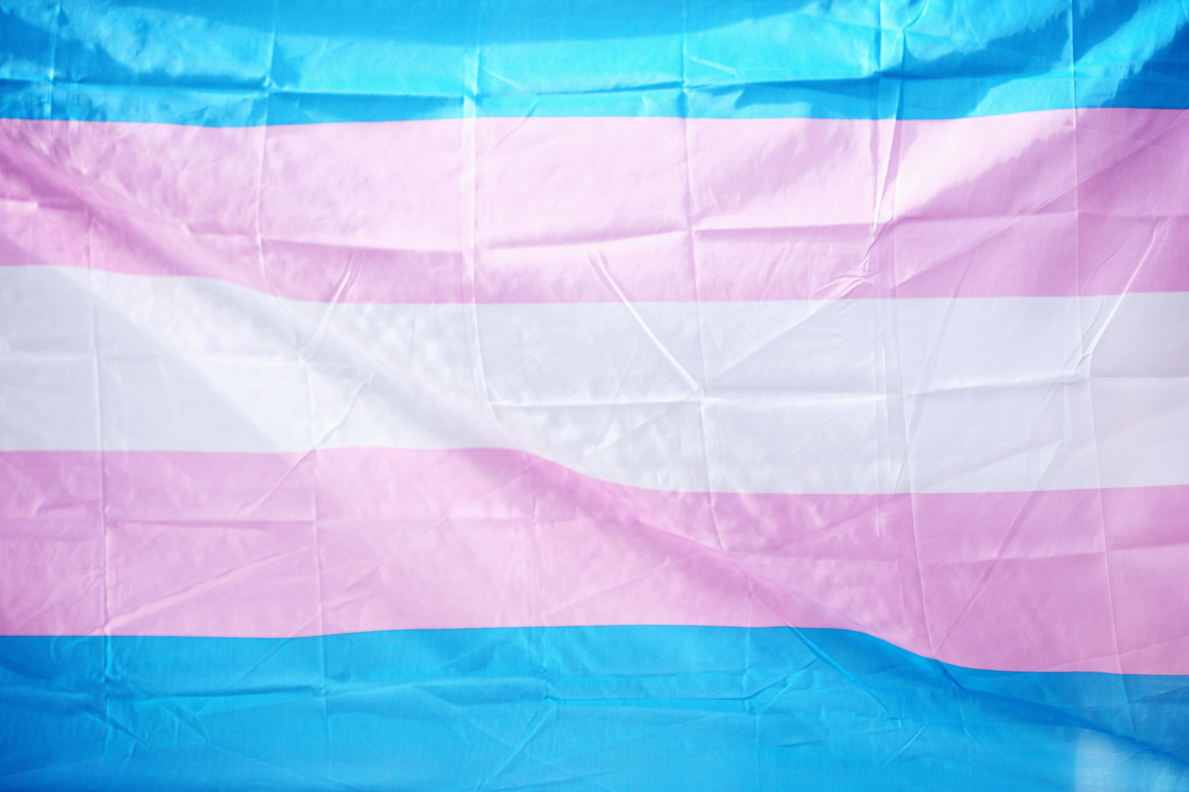 The transgender flag, comprised of blue, pink, and white stripes