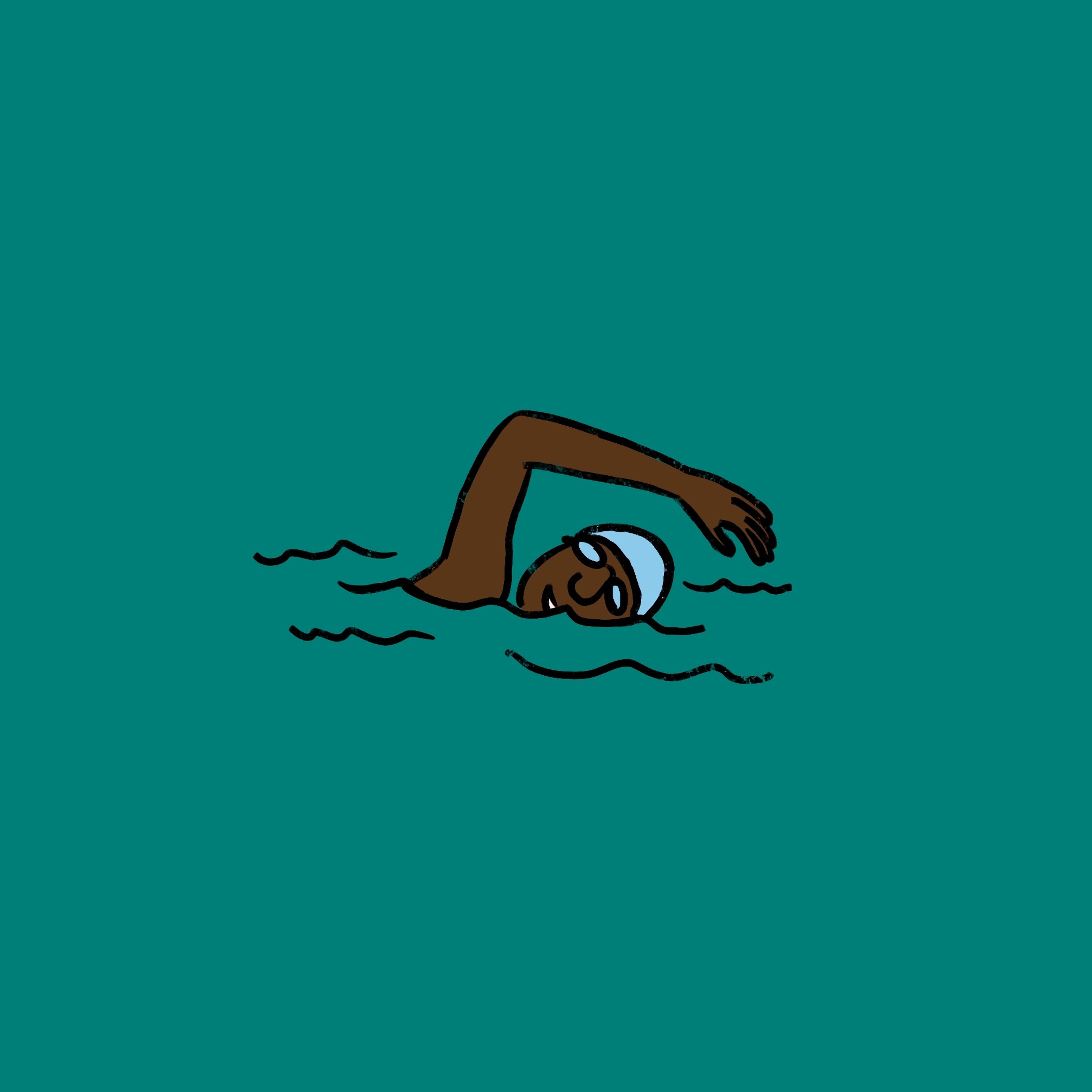 Illustration of a black person swimming in a teal background
