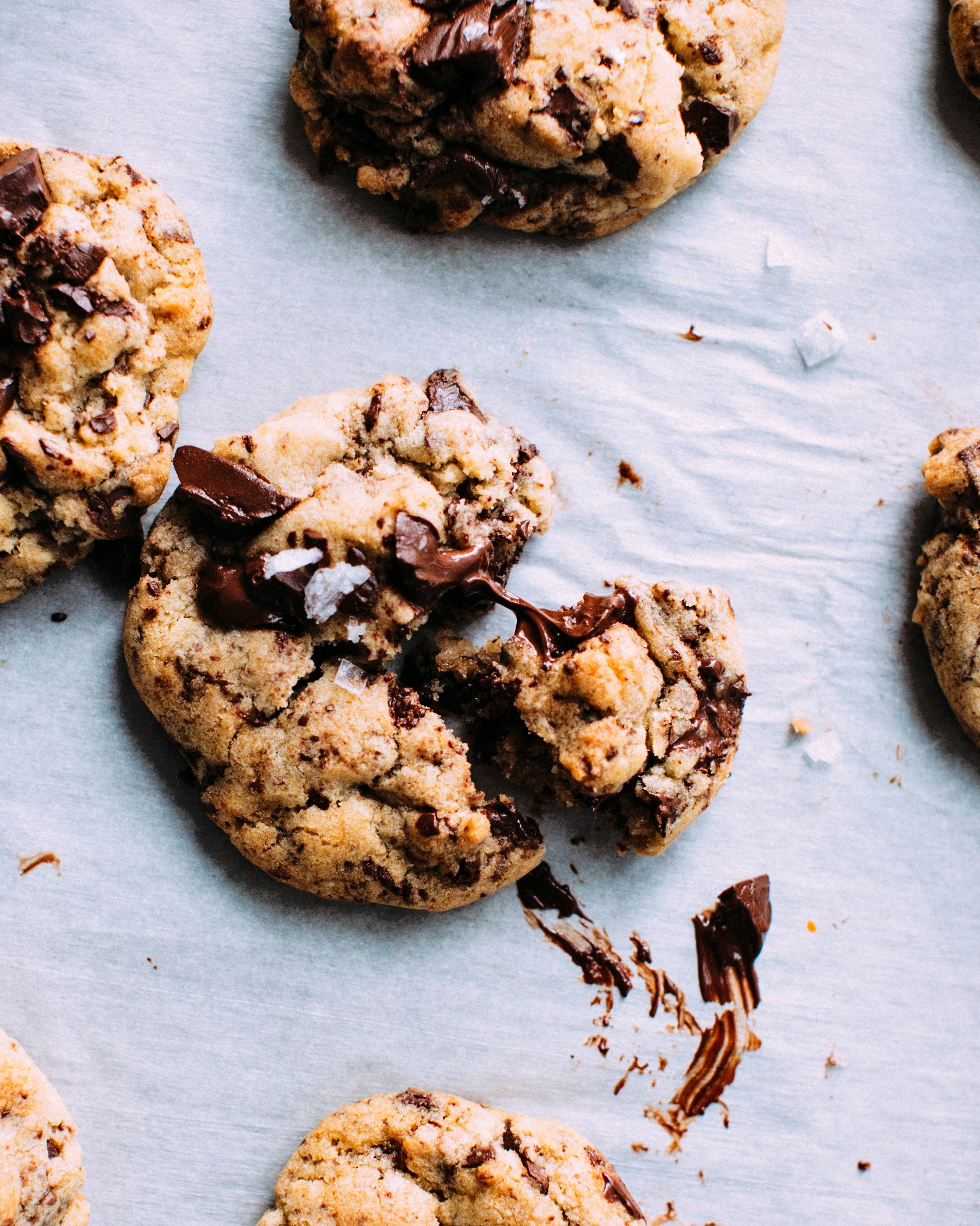 An overhead shot of freshly baked chocolate chip cookies