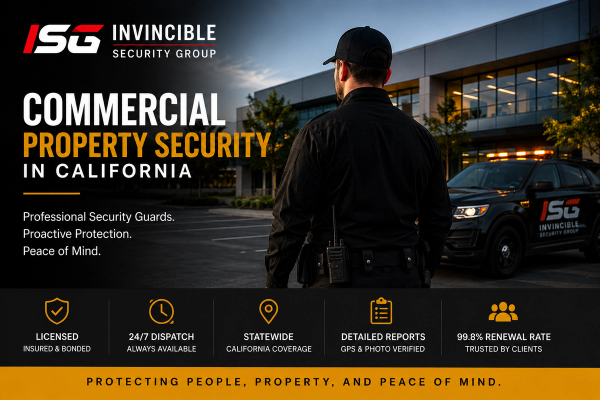 Professional commercial property security guard patrolling a business property in California.