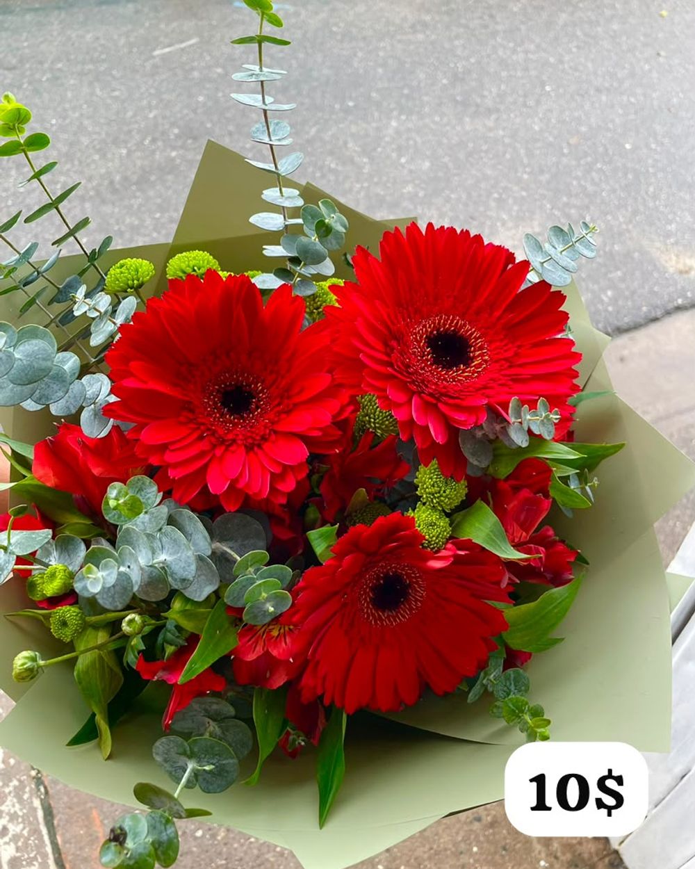Gerberas rojas con eucalipto