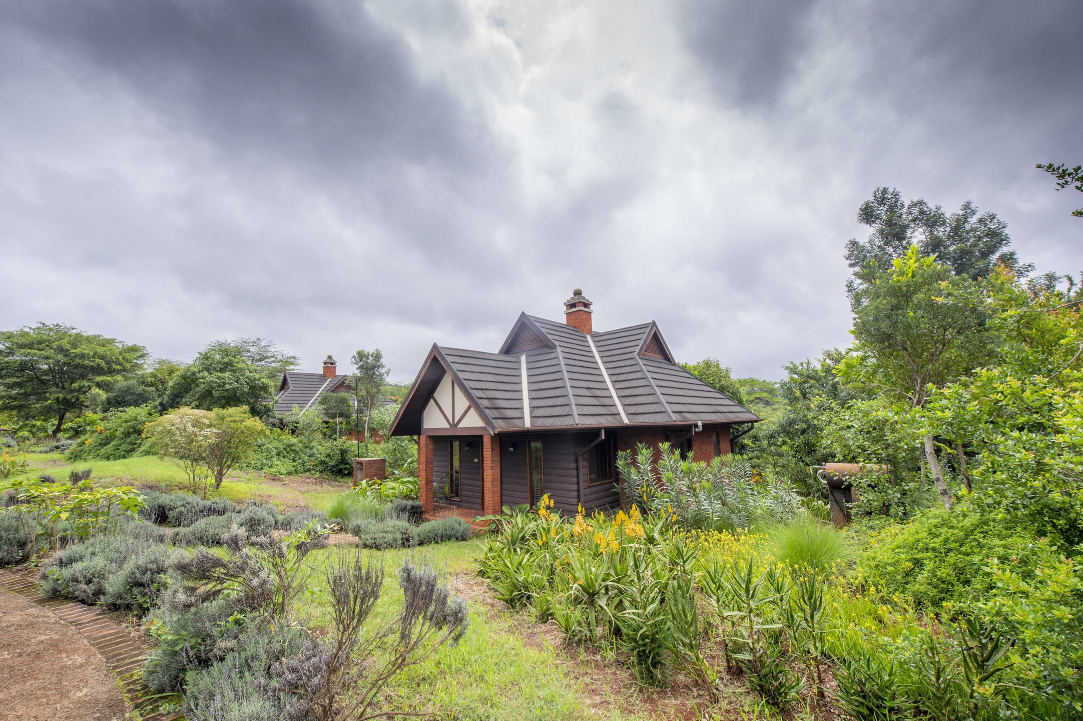 Villa building surrounded by green lush landscape