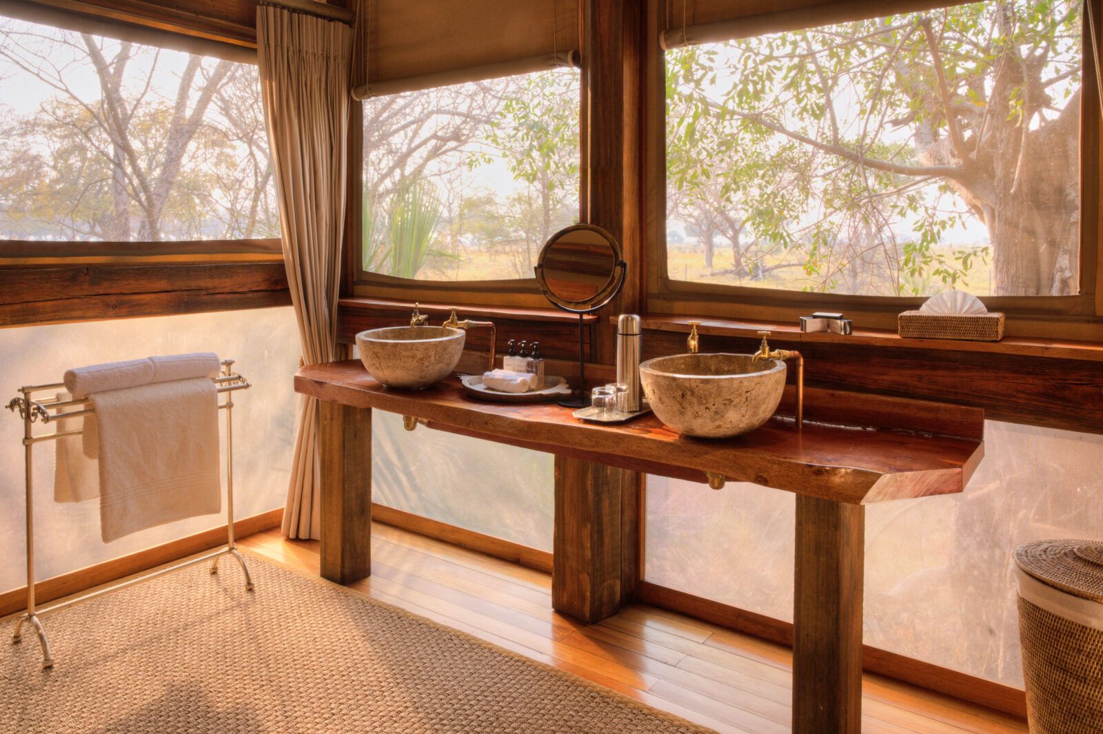 Twin sinks in luxury tented camp bathroom