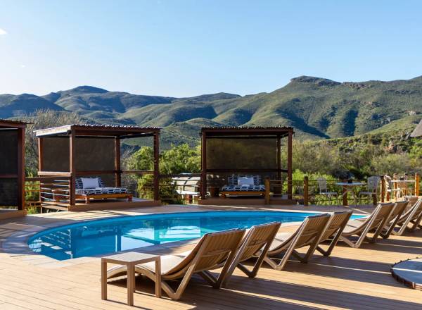 Swimming pool and luxury safari accommodation at Mont Eco Private Game Reserve in South Africa's Little Karoo