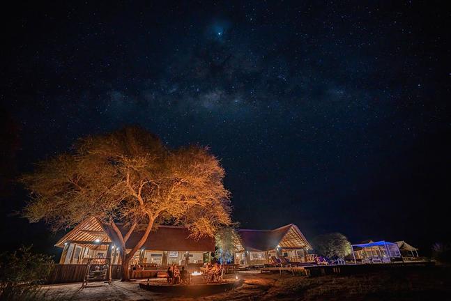 Ndovu Tented Camp illuminated at night with big tree and star filled sky