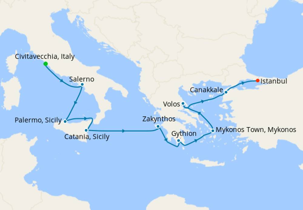 Rome to Istanbul 9‑night itinerary map