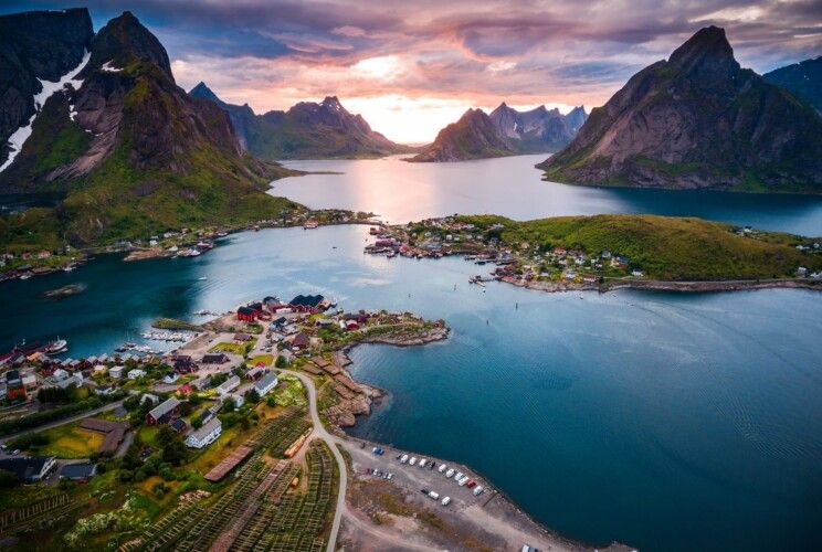 An aerial view of Lofoten, Norway