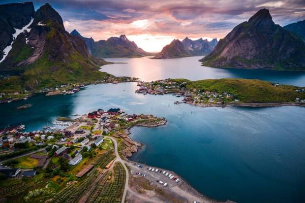 An aerial view of Lofoten, Norway