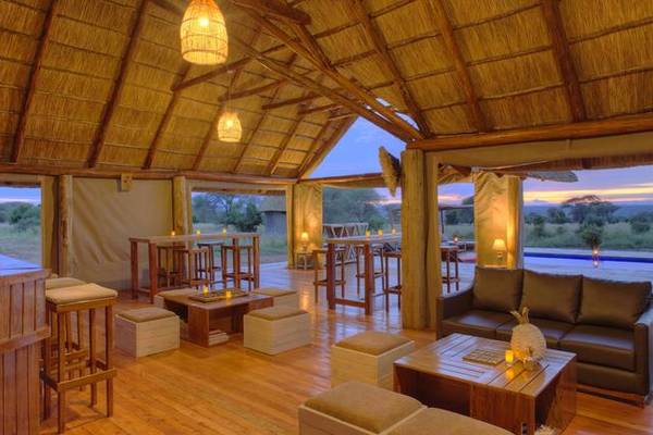 Wooden interior lounge and bar with pool deck