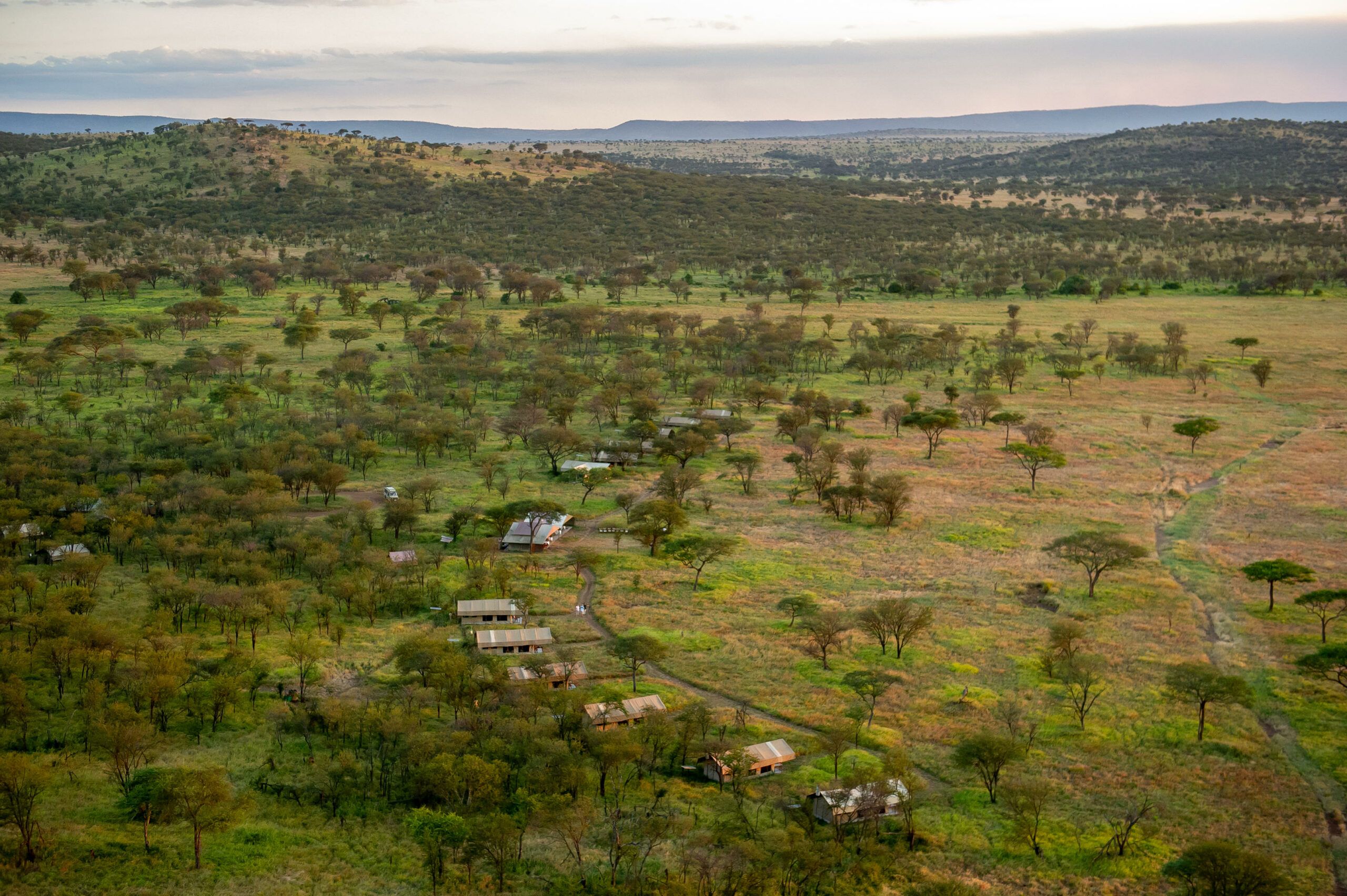 Aerial view of Tarangire tented camp and green surroundings