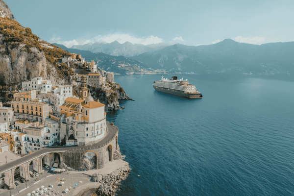 The Explora luxury cruise ship glides on the sea near Greece.