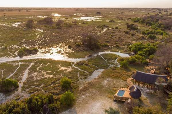 Aerial view of Camp Okavango and Okavango Delta