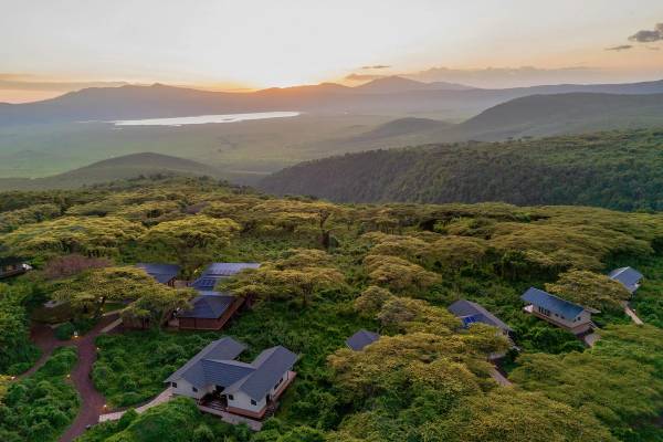 Aerial view of Ngorongoro Lion's Paw and lush surrounding landscape