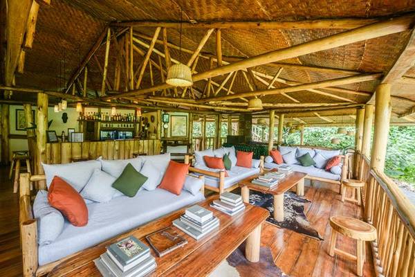 Wooden open plan lounge and bar chalet