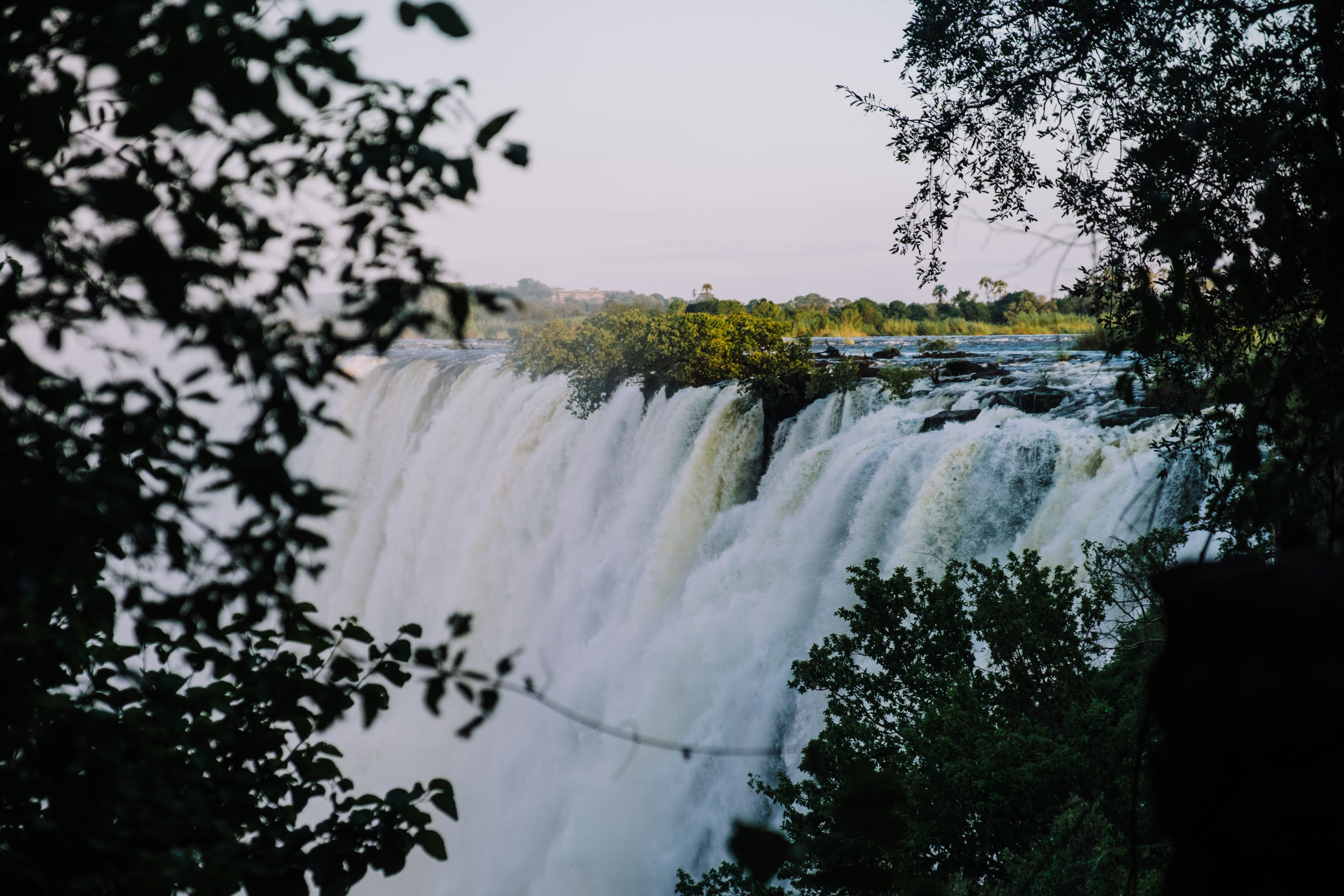 Victoria Falls waterfall framed by leaves